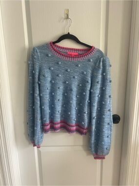 Lilly Pulitzer Light Blue Pom-Pom Crewneck Sweater with Pink Trim